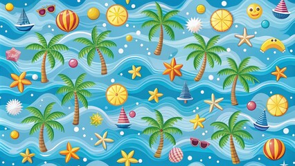 Wall Mural - Blue summer vibes wallpaper background with colorful s of palm trees, sun, waves, and beach accessories, Blue,summer vibes