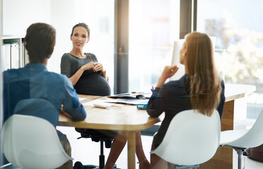 Wall Mural - Business, meeting and pregnant woman in office with advice, discussion and planning for b2b collaboration. Pregnancy, consultant and clients at desk together for conversation, ideas and management