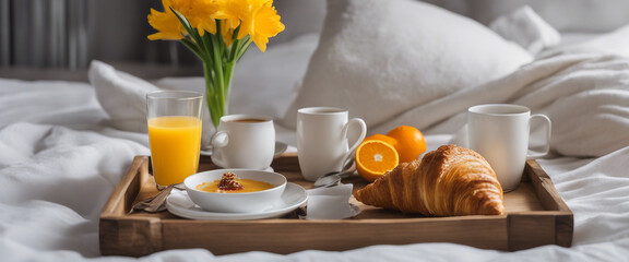 Morning breakfast in bed wooden tray with a cup of coffee croissant orange juice fresh orange jam bo