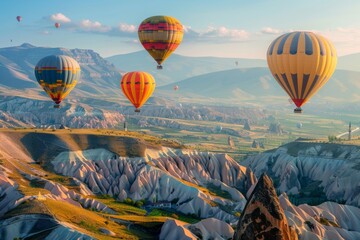 Wall Mural - Balloon Tourism, Air Balloons in Sky, Mountain Landscape with Ballooning, Turkey Landscape