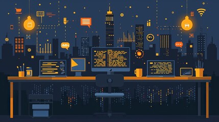 illustration vector, Software development coding process concept. Programming, testing cross platform code, app on laptop, tablet, phone. Create, editing script desktop and mobile devices. Technology 