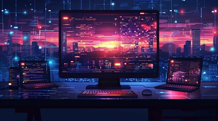 illustration vector, Software development coding process concept. Programming, testing cross platform code, app on laptop, tablet, phone. Create, editing script desktop and mobile devices. Technology 
