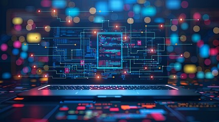 illustration vector, Software development coding process concept. Programming, testing cross platform code, app on laptop, tablet, phone. Create, editing script desktop and mobile devices. Technology 