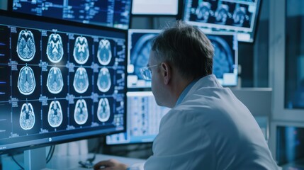 Wall Mural - Neurologist doctor studying brain tests on a monitor at hospital.