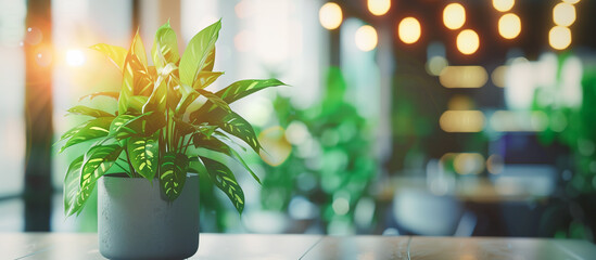 Wall Mural - bokeh office with focused on plant