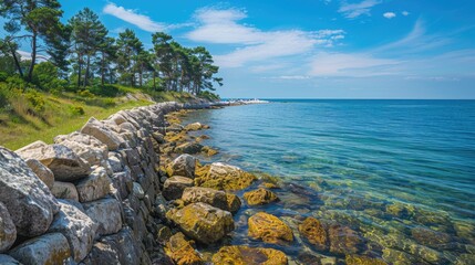 Sticker - Estonia Nature. Beautiful Coastal Stone Wall on the Beautiful Baltic Sea Cliff