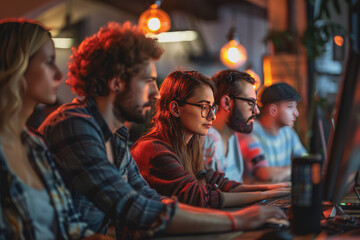 A group of developers men and women working together to program an e-commerce website.
