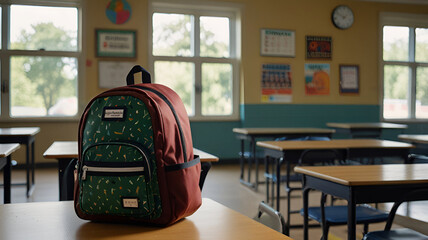 View of bookbag in school classroom on top view background. Ai generative