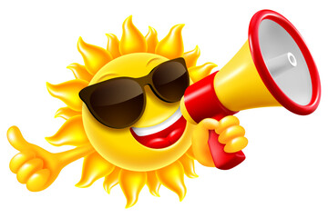 Smiling happy sun character holding megaphone in the hand, speaks into a speakerphone and showing ok gesture. Summer sale conceptual advertisement. Vector illustration