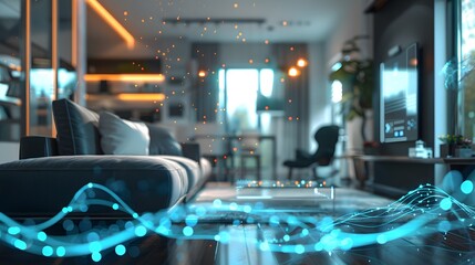 Wall Mural - A visually striking representation of ultra-fast internet connectivity, with dynamic lines and glowing data streams connecting smart devices in a modern home environment 