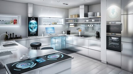 A high-tech kitchen with smart appliances and touch-screen interfaces