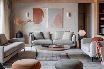 Wall Mural - A stylish scandinavian designed living room with sofa, featuring natural decor elements and artwork on the wall