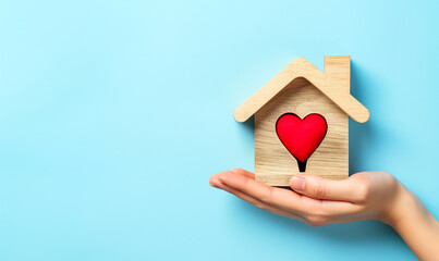 Wall Mural - hand holding a wooden house with red heart inside	
