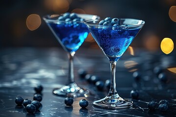 Wall Mural - Two martinis with blueberries on top are on a table