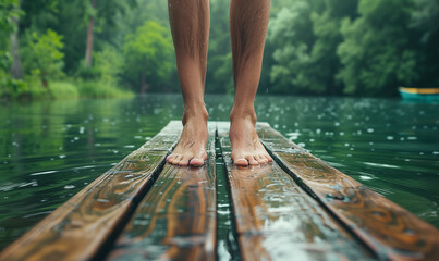 Wall Mural - barefoot feet standing on wooden pier at lake	
