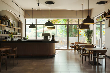 Wall Mural - Beige cafe interior with bar island and dining space, panoramic window