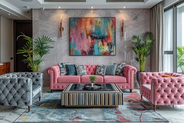 Wall Mural - A living room with a pink couch, two gray chairs, and a coffee table