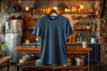 A blue shirt hangs on a wooden hanger in a kitchen