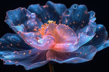 Wall Mural - A flower with a blue and pink hue is shown with droplets of water on it