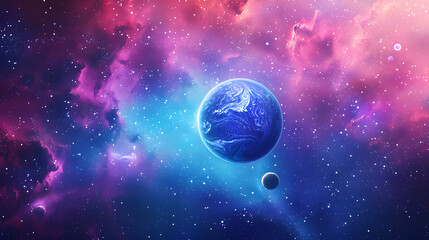 A colorful space background with a blue planet in the middle