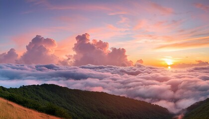 Wall Mural - Pastel Dreamscape Serene Sunrise with Cotton Candy Clouds