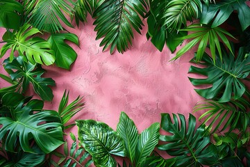 Wall Mural - A large green leafy plant with a pink background