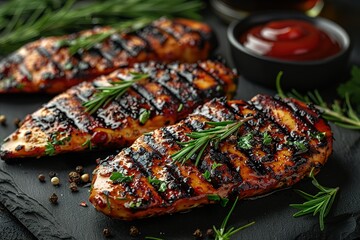 Wall Mural - Three pieces of grilled chicken with herbs and spices on a black plate