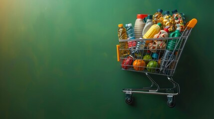 Poster - Aerial perspective of a shopping cart brimming with cleaning supplies and household essentials, isolated on a bright green background, symbolizing