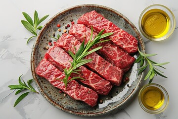 Wall Mural - A plate of meat with herbs and spices on top