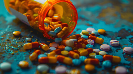 Wall Mural - Top view of pharmaceutical drug tablets spilling out of orange prescription medication bottle onto table. Colourful medical drugs 