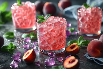 Wall Mural - A glass of pink drink with a green leaf on top