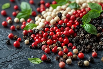 Wall Mural - A bunch of red, white, and black pepper on a black surface