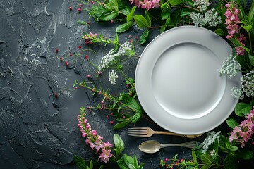 A white plate with a fork and spoon on a table with flowers