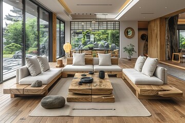 Wall Mural - A large living room with a wooden floor and a white couch