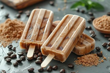 Wall Mural - A couple of ice cream sticks with a pile of coffee beans and sugar on a table