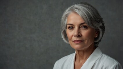 Portrait of 55 - 60 year old woman with grey hair, wearing white jacket, posing on grey background