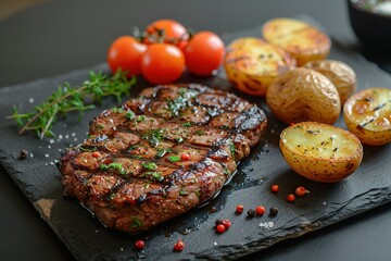 Sticker - A steak with grilled potatoes and tomatoes on a black plate