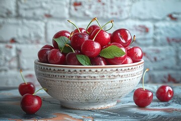 Wall Mural - A bowl of cherries with green leaves on top