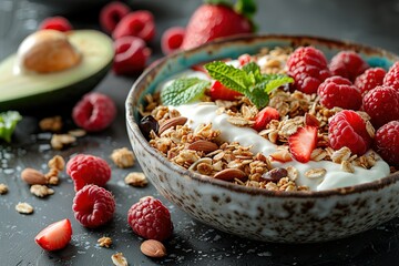 Wall Mural - A bowl of cereal with raspberries and a green leaf on top