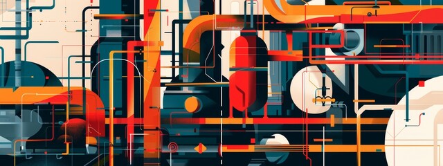Wall Mural - Abstract illustration of scene of an industrial plant, big tank, geometric shapes, minimalism, process colours.