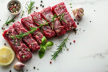 Wall Mural - A plate of meat with herbs and spices on a white background