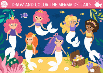 Wall Mural - Mermaid drawing, writing, tracing and coloring activity for kids with sea princess and tails. Ocean kingdom preschool printable activity. Marine fairytale game, puzzle with cute girls