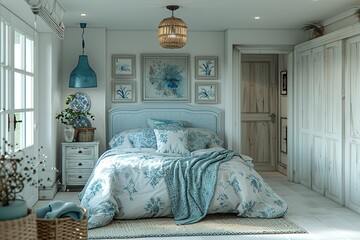 Wall Mural - A bedroom with a blue bedspread and pillows, a white dresser, and a white door