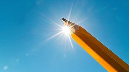Isolated yellow pencil at blue sky, vibrant, clear, single, sunlight, floating.