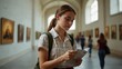 © SHERAZI - Side view of young caucasian woman student visiting museum and reading brochure. Light hall in background