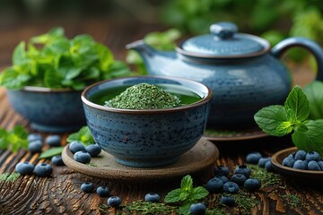 Wall Mural - A blue tea pot with a green tea bag in it sits on a wooden table