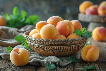 Wall Mural - A bowl of peaches with green leaves on top