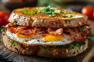 Gourmet Breakfast Sandwich with Fried Egg, Crispy Bacon, and Arugula on Seeded Bread