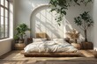 © Sirichai - Minimalist bedroom bright lighting from skylights white walls light wooden flooring simple furniture and green plants adding a touch of nature creating a fresh and airy space