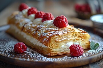 A pastry with a raspberry topping sits on a wooden plate